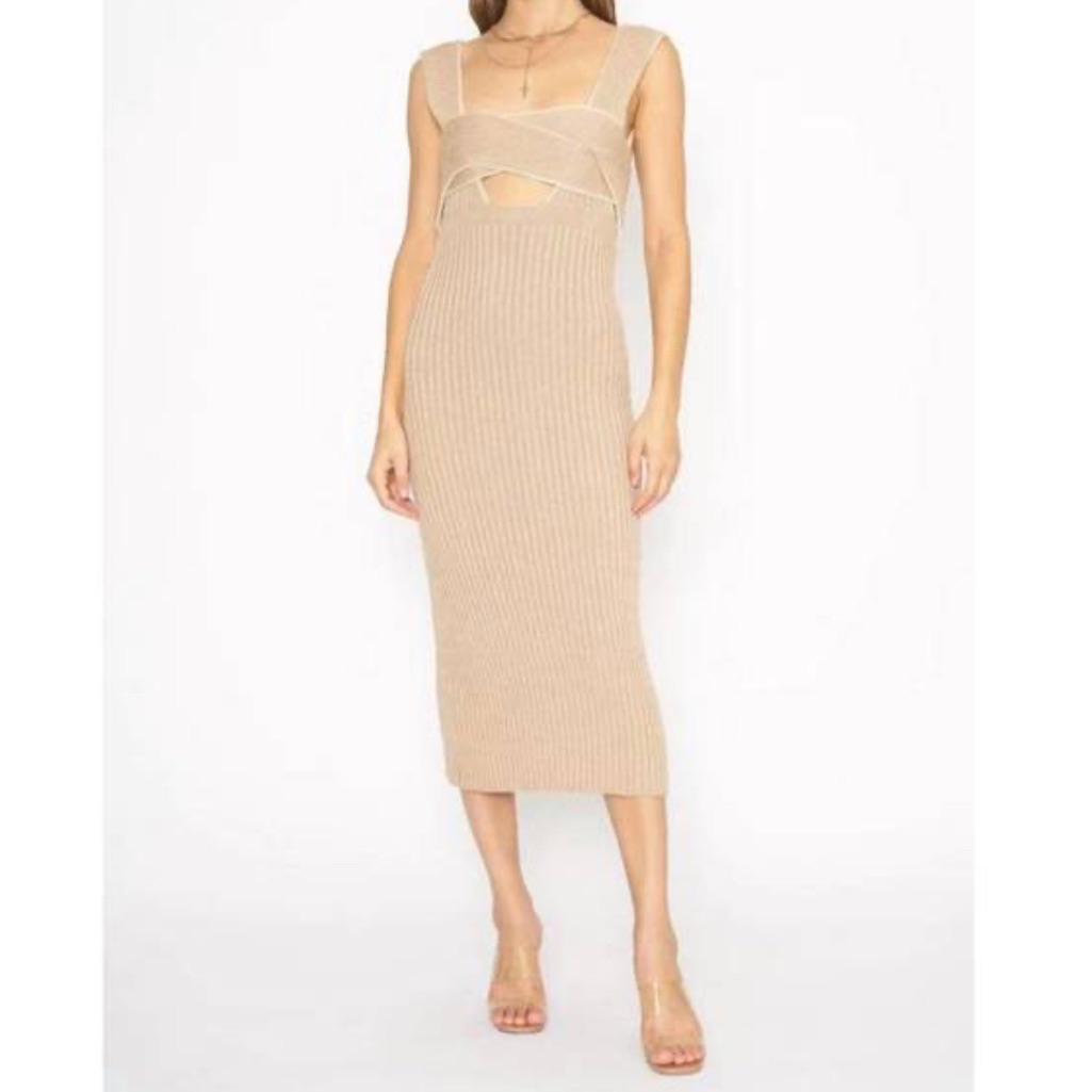 4si3nna Athena Dress Tan Bodycon Bandage Dress Knit Nude Dress Plunged Back Tie